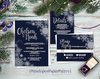 Elegant Navy Winter Wedding Invitation,Navy Blue Winter Wedding Invite,Winter Theme,Snowflakes,Silver Print,Calligraphy,Shimmery Invitation