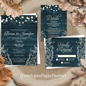 Elegant Rustic Teal Wedding Invitation,Teal Fall Wedding Invite,Barn Wood,Mason Jar Lights,Personalize,Printed Invitation,Envelopes Included