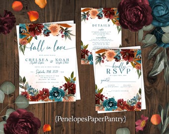 Jewel Tone Floral Fall Wedding Invitation Suite: Teal, Burnt Orange, Burgundy, Personalized and Printed with Envelopes