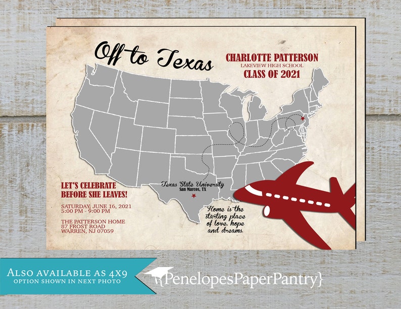 Graduation Going Away Party Invitation,Announcement,Map of United States,Airplane,Unisex,Personalize,Printed Card,Envelope