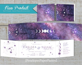 Gatefold Celestial Summer Wedding Invitation,Summer Wedding Invite,Purple,Silver,Moon Phase,Shimmery,Personalize,Printed Invitation,Envelope