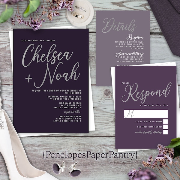 Purple Wedding Invitation,Purple Wedding Invite,Purple and Silver,Dark Purple,Dusty Purple,Lavender,Silver Calligraphy,Shimmery Invitation