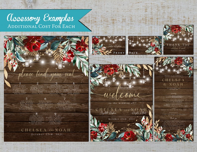 May include: A collection of wedding stationery featuring a dark wood background, string lights, and watercolor floral accents in red and green. The set includes a seating chart, welcome sign, program, and thank you card with gold text.