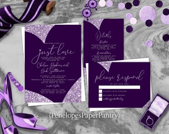 Elegant Purple Wedding Invitation,Purple Wedding Invite,Lavender Glitter Print,Heart,Shimmery Invitation,Envelope Included,Custom Invite Set