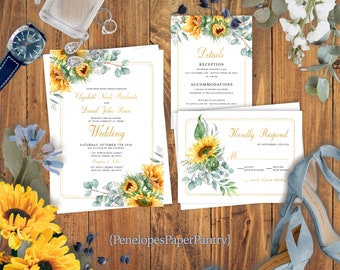 Elegant Sunflower Wedding Invitation,Sunflower Wedding Invite,Sunflower Theme,Sunflowers,Eucalyptus,Calligraphy,Gold Print,Shimmery Invite