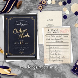 Unique,Love Story,Wedding Invitation,Romance Novel,Parchment,Gold,Calligraphy,Navy Blue,Envelope,Personalize,Library Card RSVP,Shimmery