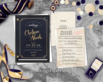 Unique,Love Story,Wedding Invitation,Romance Novel,Parchment,Gold,Calligraphy,Navy Blue,Envelope,Personalize,Library Card RSVP,Shimmery