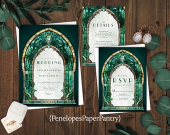 Emerald Stained Glass,Wedding Invitation,Stained Glass Invite,Gold,Emerald Green,Dark Green,Shimmery Invitation,Envelope Included,Customize