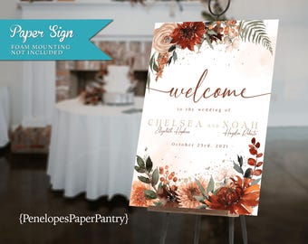 Fall Wedding Welcome Sign: Terra Cotta, Burnt Orange, Florals, Personalized, Printed