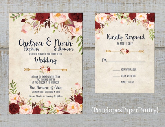 Rustic Floral Fall Wedding Invitation,Burgundy,Dusty Rose,Roses,Greenery,Parchment,Personalize,Printed Invitation,Wedding Set,Envelope