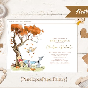 Winnie The Pooh Baby Shower Invitation,Winnie Pooh Theme Baby Shower Invite,Pooh Theme Baby Shower Invite,Fall Leaves,Gold Foil Print,Custom