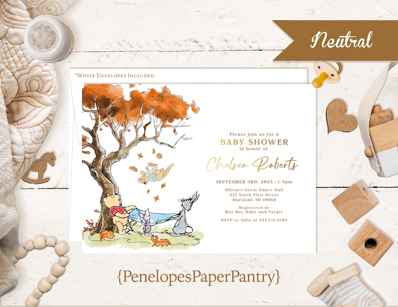 May include: A Winnie the Pooh themed baby shower invitation with a watercolor illustration of Winnie the Pooh, Piglet, and Tigger in the woods. The invitation includes the text "Please join us for a Baby Shower in honor of Chelsea Roberts" and details for the event.