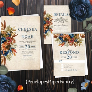 Rustic Floral Fall Wedding Invitation Personalized Turquoise Burnt Orange Parchment Printed Invitations Envelope Included Optional RSVP Card