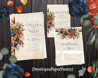 Rustic Floral Fall Wedding Invitation Set: Turquoise, Orange, Parchment, Custom Text, Printed