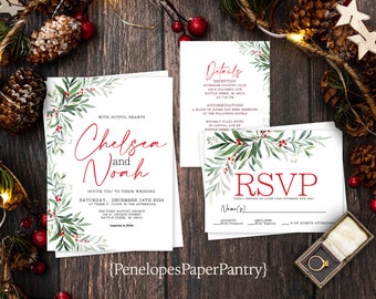 Christmas Wedding Invitation,Christmas Wedding Invite,Red Calligraphy,Mistletoe,Winter Wedding,Shimmery Invitation,Envelope Included