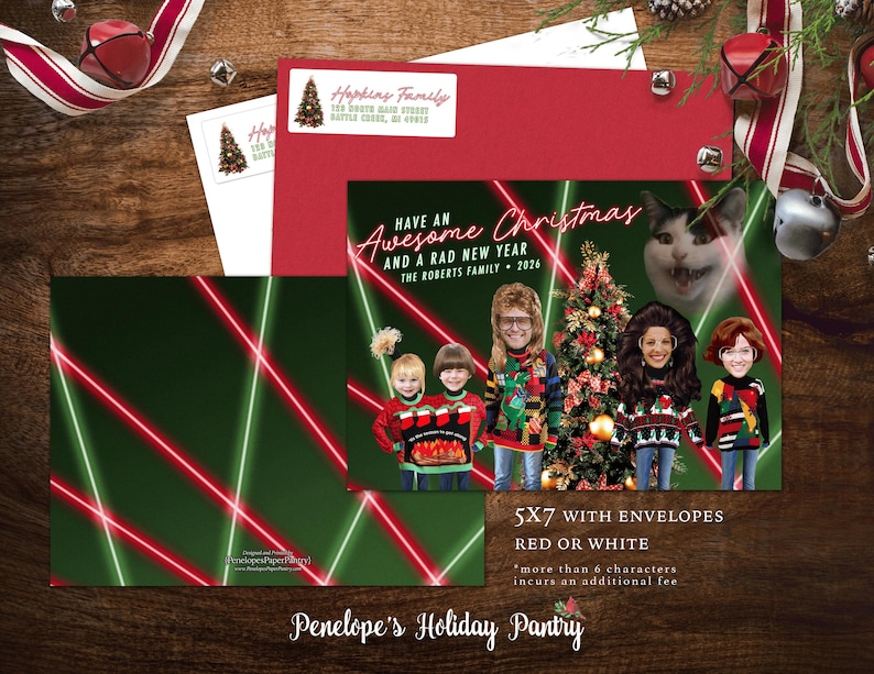 Funny 80s Retro Christmas Family Photo Card Personalized Vintage Holiday Card Ugly Sweater Printed 5x7