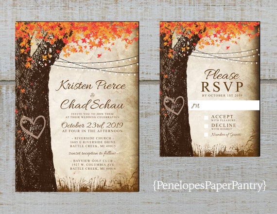 Elegant Rustic Fall Wedding Invitationoak Treecarved Etsy
