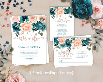 Teal and Blush Floral Summer Wedding Invitation,Summer Wedding Invite,Teal,Blush,Roses,Shimmery,Personalize,Printed Invitation,Envelope