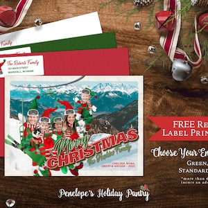 Funny Elf Christmas Family Photo Card Personalized Elves On Skis Elves On A Ski Lift Printed Cards Envelopes Included Matching Back Print