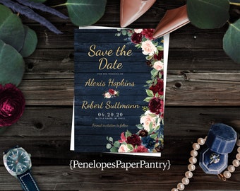 Rustic Save The Date,Fall Wedding Save The Dates,Fall Florals,Navy,Burgundy,Blush,Calligraphy,Gold Print,Rustic Wood,Personalize,Shimmery