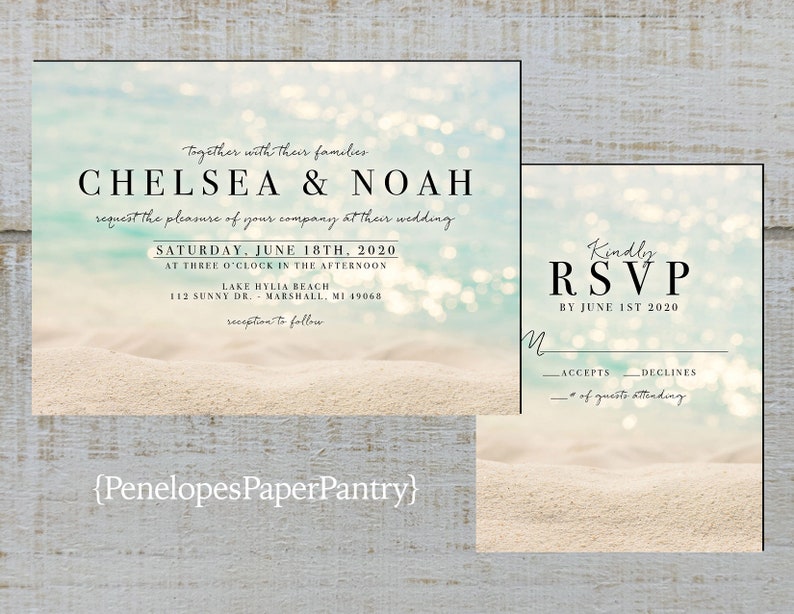 Simple Beach Wedding Invitation,Sandy Beach,Sunshine,Shimmery Water,Destination Wedding,Hawaii Wedding,Shimmery,Printed Invitation,or Sets