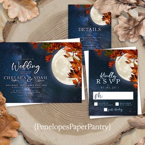 Rustic Full Moon Fall Wedding Invitation Personalized Starry Night Sky Burnt Orange Autumn Leaves Printed Invitations With Envelopes Unique