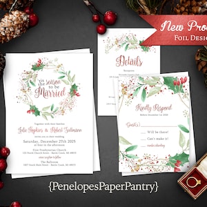 Christmas Wedding Invitation,Christmas Wedding Invite,Winter Wedding Invite,Tis The Season To Be Married,Wreath,Red Foil Print,Personalize image 1