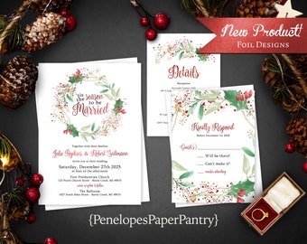 Christmas Wedding Invitation,Christmas Wedding Invite,Winter Wedding Invite,Tis The Season To Be Married,Wreath,Red Foil Print,Personalize
