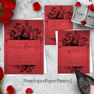 Elegant Red and Black Floral Wedding Invitation,Red and Black Wedding Invite,Shimmery,Personalized,Printed Invitation,Envelopes Included