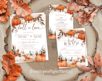 Fall Wedding Invitation: Orange & White Pumpkins, Custom Text