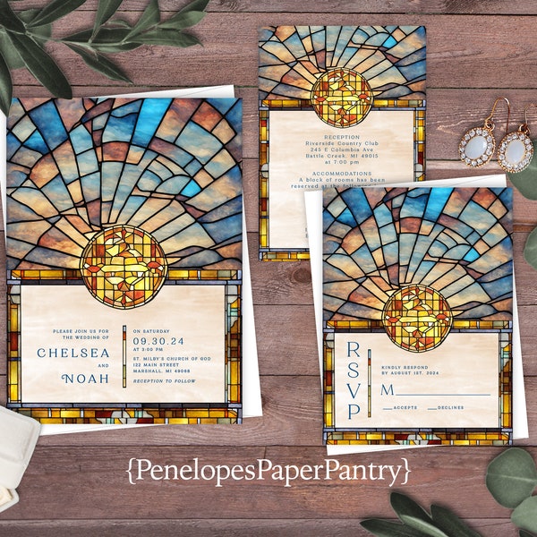 Sun and Sky Stained Glass Wedding Invitation,Stained Glass Wedding Invite,Sun,Sky,Nature Theme,Outdoor Wedding,Shimmery Invitation,Printed