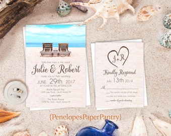 Romantic Beach Wedding Invitation,Adirondack Chairs,Sandy Beach,Heart In The Sand,Ocean Blue,Destination,Hawaii,Carribbean,Tropcial,Printed