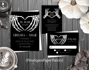 Halloween Wedding Invitation Suite: Skeleton Heart Hands, Black and White, Personalized, Printed