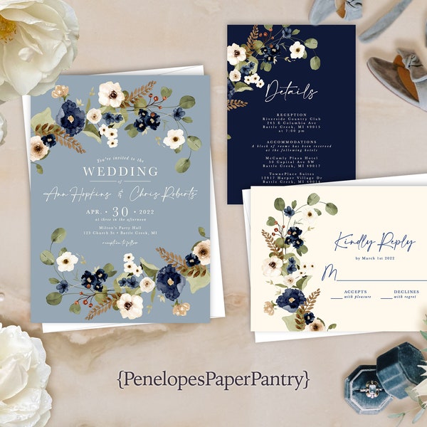 Dusty Blue Floral Summer Wedding Invitation,Summer Wedding Invite,Wildflowers,Navy,Ivory,Olive,Personalize,Printed Invitation,Envelope