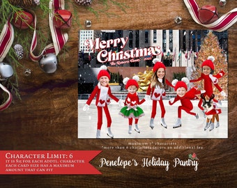Funny Ice Skating Elf Family Christmas Photo Card Rockefeller Center Personalize Printed Card Back Print Envelope Return Address Label