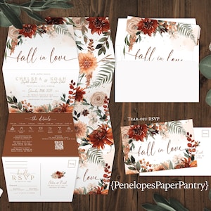 Faire-part de mariage d'automne imprimé tout en un, pli accordéon, invitation à trois volets en terre cuite, impression recto-verso, carte postale RSVP