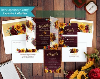 Sunflower Wedding Invitation Bundle,Sunflower Wedding Bundle,Invitation Suite,Vellum Envelopment,Sticker,Envelope Liners,Envelope Printing