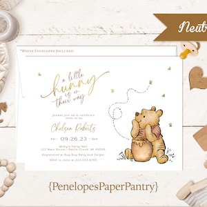 Winnie The Pooh Baby Shower Invitation Gender Neutral Pooh Bear Honey Pot Bees Gold Foil Print Personalized Printed Invitation With Envelope