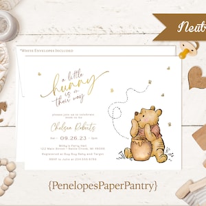 Winnie The Pooh Baby Shower Invitation Gender Neutral Pooh Bear Honey Pot Bees Gold Foil Print Personalize Printed Invitation Envelope image 1