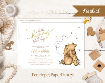 Winnie the Pooh Baby Shower Invitation, Gender Neutral, Gold Foil Print