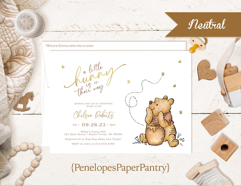 Winnie The Pooh Baby Shower Invitation Gender Neutral Pooh Bear Honey Pot Bees Gold Foil Print Personalize Printed Invitation Envelope image 1