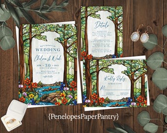 Stained Glass Summer Forest Wedding Invitation Suite: Wildflowers, Stream, Shimmery, Personalized and Printed