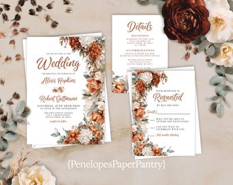 Elegant Floral Terracotta Fall Wedding Invitation Suite, Burnt Orange, Autumn Set