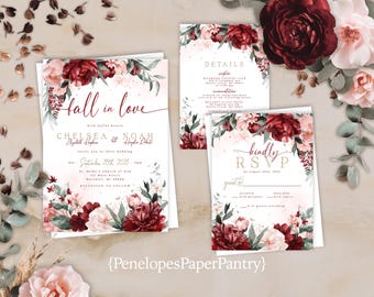 Floral Fall Wedding Invitation Suite: Burgundy and Blush, Personalized, Printed, Envelopes Included