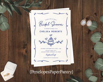 Bridal Shower Invitation: Whimsical Hand Drawn Wedding Cake Royal Blue Personalized and Printed