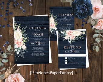 Rustic Navy and Pink Floral Spring Wedding Invitation,Spring Wedding Invite,Navy Barn Wood,Shimmery,Personalize,Printed Invitation,Envelope
