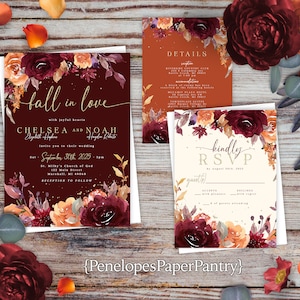 Fall In Love,Burgundy,Burnt Orange,Floral,Fall Wedding Invitation,Fall Wedding Invite,Gold Print,Shimmery,Personalize,Printed,Envelope