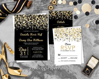 New Year's Eve Wedding Invitations,Black,Gold,White,Confetti,Splatter,Shimmery,Customize,Printed Invitations,Invitation Sets