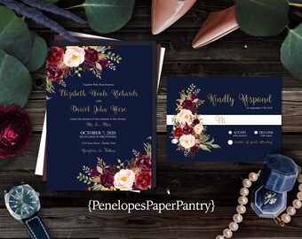 Romantic Navy Fall Wedding Invitation,Navy Blue,Burgundy,Marsala,Blush,Roses,Gold Print,Shimmery,Elegant,Printed Invitation,Wedding Set