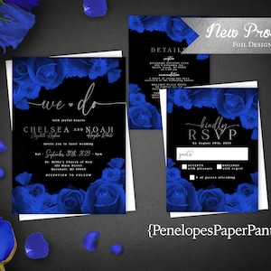 Elegant Royal Blue Rose Wedding Invitation Personalized Black Silver Foil Calligraphy We Do Printed Invitations Envelope Included Romantic